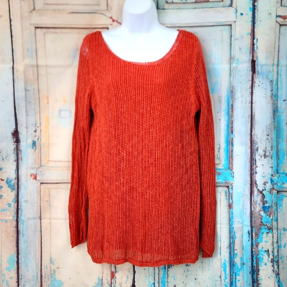 Soft Surroundings Burnt Orange Open Knit Linen Blend Sweater